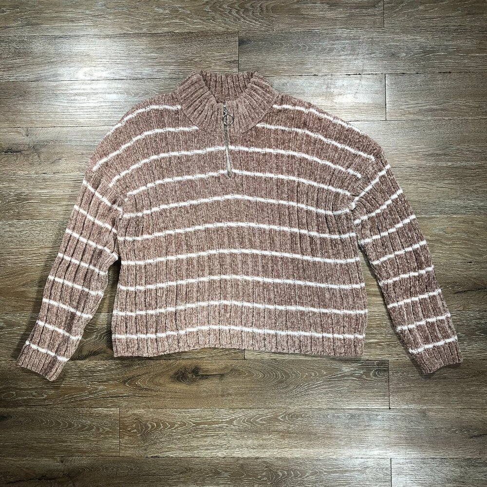 Hippie Rose Women XL Sweater Brown White Striped Mock 1/4 Zip Knit Rib Chenille